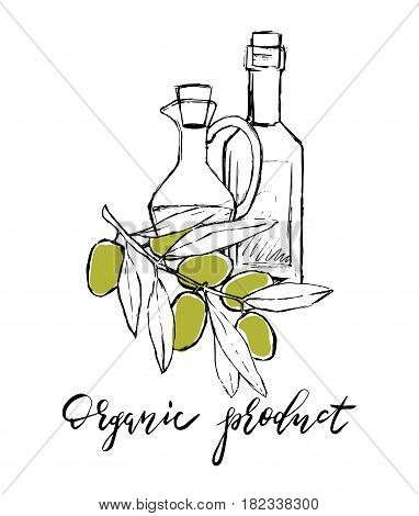 Set of hand drawn vector illustration and lettering olive oil olive branch and bottle for olive oil labels restaurant natural products. perfect stickers and badges for your business