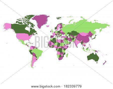 Political map of world. Countries in four different violet and green colors without borders on white background. Blank high detail vector map.
