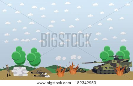 Battlefield concept vector illustration. Military actions at the front flat style design elements.
