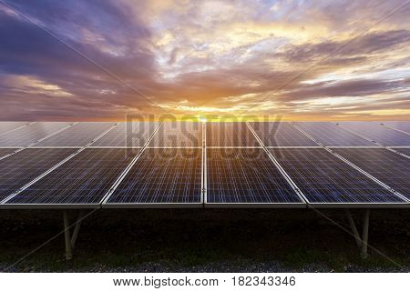 Blue photovoltaic solar panels on ground mounting at twilight Clean energy.