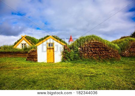 Rural pastoral. The old village. Ethnographic Museum-estate Glaumbaer, Iceland. The concept of the historical and cultural tourism