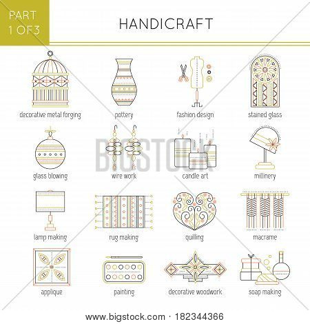 Thin line icons set, vector illustration. Types of handmade, isolated symbols. Colored pictograms. Simple mono linear design. Part 1 of 3.