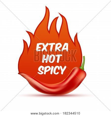 Extra hot and spicy chili paper poster, badge or banner template with fire, isolated on white background.  Fresh and organic food illustration.Vector illustration. EPS 10