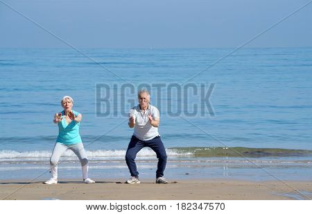 Senior couple doing stretching exercices on the beach
