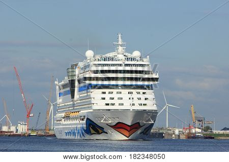 Velsen the Netherlands -April 19th 2017: Aida Sol on North Sea Canal on it's way to the Amsterdam Cruise Terminal