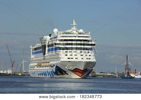 Velsen the Netherlands -April 19th 2017: Aida Sol on North Sea Canal on it's way to the Amsterdam Cruise Terminal