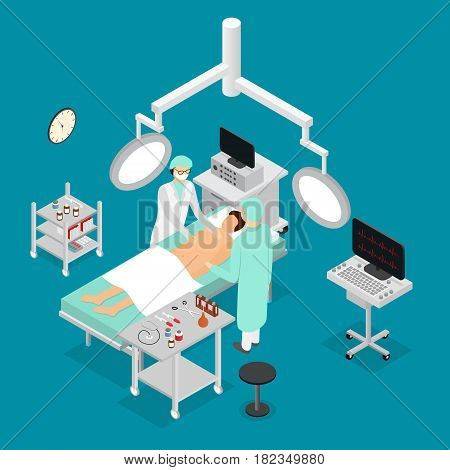 Patient, Nurse and Doctor in Surgery Operating Room Interior of Clinic Isometric View. Vector illustration
