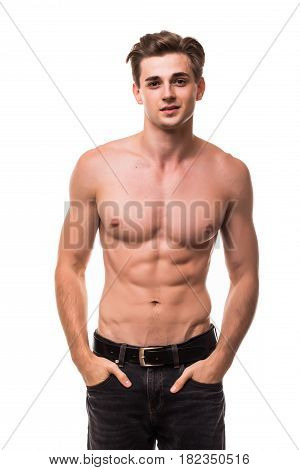Healthy Athlete Body With Nice Muscle On White Backgound