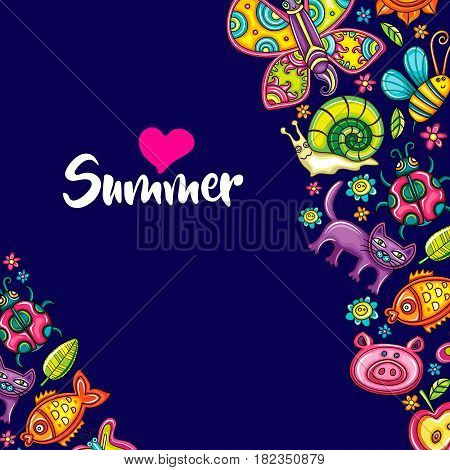 Flora and fauna template. Cartoon vector frame, place for text, colorful animals, birds, bugs and flowers. Children party invitation, summer banner, kids greeting card. Doodle colorful icons isolated.