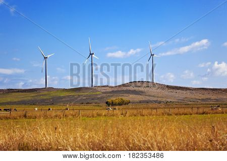 Windfarm on the hills. Sunset time. Australia.