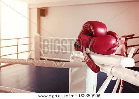 A pair of red boxing gloves and ring as background