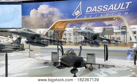 PARIS - LE BOURGET - JUN 18 2015: Mock-up planes at a stand of the French aircraft manufacturer Dassault Aviation during the 51st International Paris Air show.