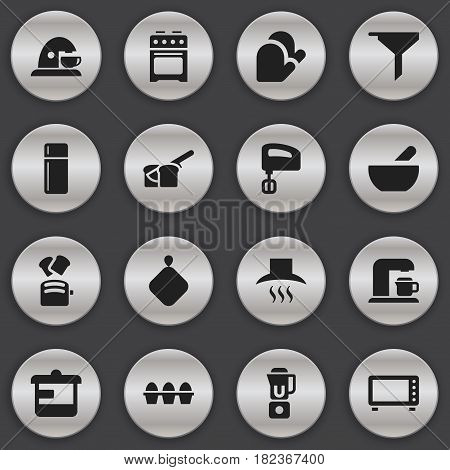 Set Of 16 Editable Cook Icons. Includes Symbols Such As Cup, Kitchen Hood, Bakery And More. Can Be Used For Web, Mobile, UI And Infographic Design.