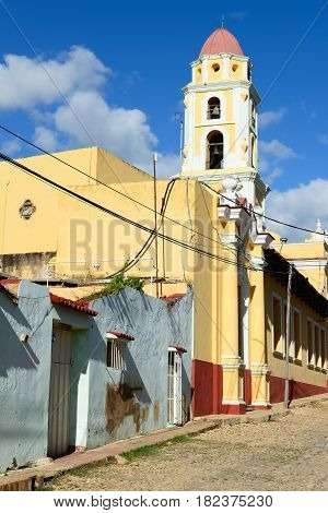 Tower of the San Francisco de Asis Church being by the main square in Trinidad the most tourist city on Cuba