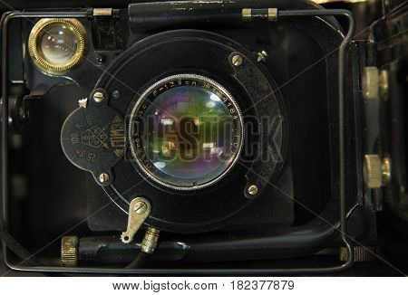 illustrative editorial.  ROSTOV , RUSSIA, APRIL 19, 2017. The old Soviet rangefinder camera. The camera of the 1920-1930 release. Manufacturer of the USSR