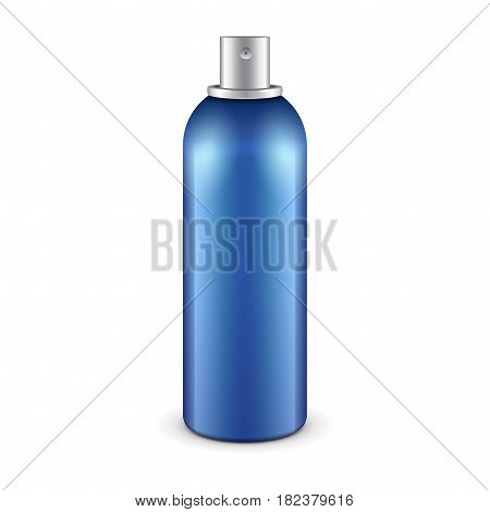 Blue Aerosol Spray Metal 3D Bottle Can: Paint, Graffiti, Deodorant. Mock Up Template Ready For Your Design. Vector EPS10