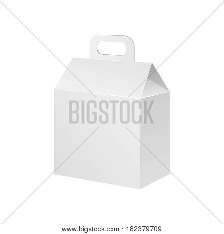 White Cardboard Carry Box Bag Packaging With Handles For Food, Gift Or Other Products. Illustration Isolated On White Background. Mock Up Template Ready For Your Design. Product Packing Vector EPS10
