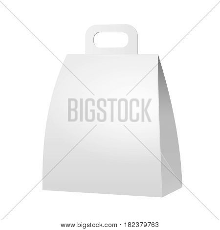 White Cardboard Carry Box Bag Packaging With Handles For Food, Gift Or Other Products. Illustration Isolated On White Background. Mock Up Template Ready For Your Design. Product Packing Vector EPS10