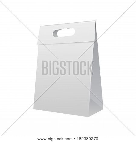 White Cardboard Carry Box Bag Packaging With Handles For Food, Gift Or Other Products. Illustration Isolated On White Background. Mock Up Template Ready For Your Design. Product Packing Vector EPS10