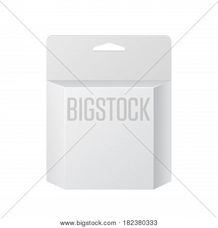 White Product Package Box With Hang Slot. Blank On White Background Isolated. Mock Up Template Ready For Your Design. Product Packing Vector EPS10