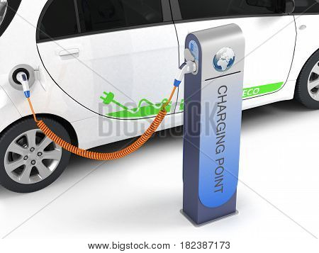 Electric Car In Charging Station On White Background 3D Illustration