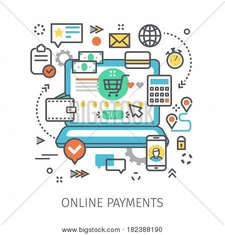 Concept of online payments. Open notebook with symbol of payment on the screen and icons in the style of line art. Flat design, line art vector illustration