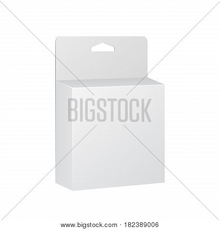 White Product Package Box With Hang Slot. Blank On White Background Isolated. Mock Up Template Ready For Your Design. Product Packing Vector EPS10