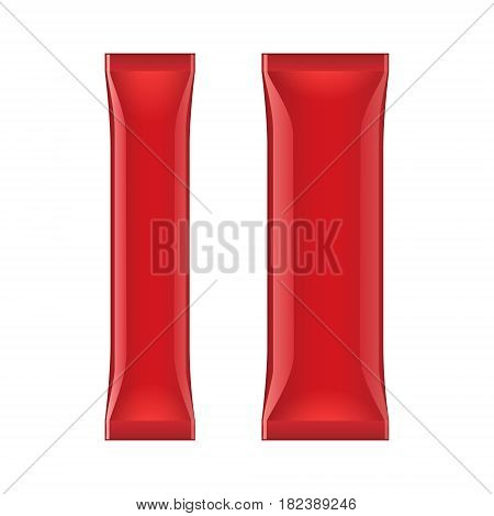 Red Blank Foil Packaging Stick Medicine Drugs Or Chewing Gum, Coffee, Salt, Sugar, Spices, Sachet, Sweets, Candy. Isolated Mock Up Template Ready For Your Design. Product Packing Vector EPS10