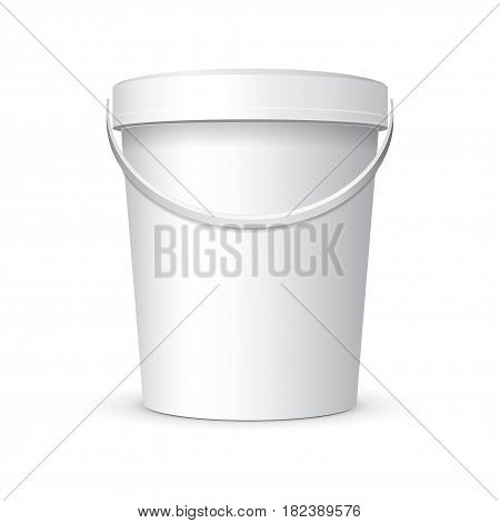 White Mock Up Food Plastic Tub Bucket Container  With Handle, Lid Cap For Dessert, Yogurt, Ice Cream, Sour Cream Or Snack. Ready For Your Design. Product Packing Vector EPS10