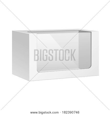 White Horizontal Product Package Box With Window. Blank On White Background Isolated. Mock Up Template Ready For Your Design. Product Packing Vector EPS10