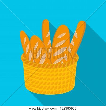 Basket of baguette icon in flat design isolated on white background. France country symbol stock vector illustration. - stock vector