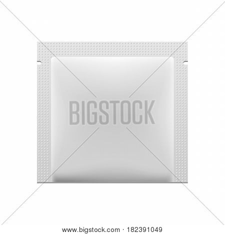 White Blank Retort Foil Pouch Packaging Medicine Drugs Or Coffee, Salt, Sugar, Pepper, Spices, Sachet, Sweets Or Condom. Isolated Mock Up Template Ready For Your Design. Product Packing Vector EPS10