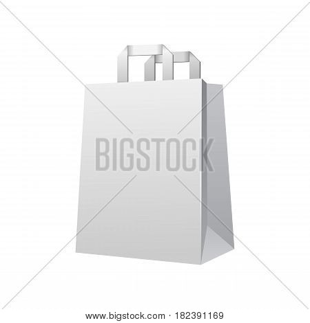 Disposable Paper Or Plastic Shopping Bag With Handles Package Grayscale White. Illustration Isolated On White Background. Mock Up Template Ready For Your Design. Product Packing Vector EPS10