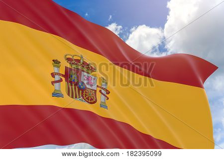 3D Rendering Of Spain Flag Waving On Blue Sky Background