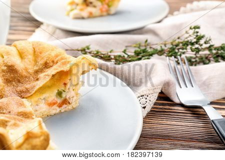 Delicious chicken pot pie on plate, closeup