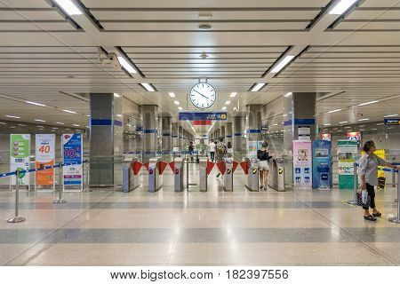 Mrt Subway Train With Entrance Door And A Clock