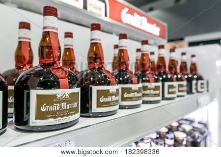 Saint Martin Dutch Antilles March 28 2017: Grand Marnier bottles stand on a shelf in a airport duty free store.