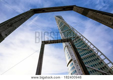 MALMO SWEDEN - MARCH 07 2017: Malmo Turning Torso in Oresund West Harbor area tallest building in Sweden and Scandinavia reaching a height of 190 metres with 54 stories and 147 apartments