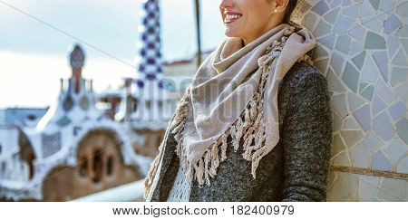 Stylish Woman Standing In Barcelona, Spain In Winter