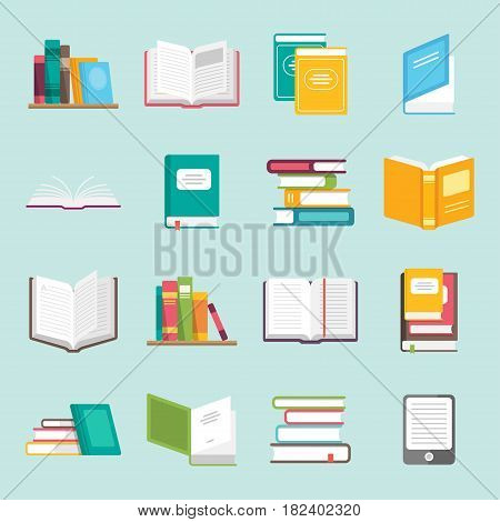Icons of books vector set in a flat design style. Books in a stack, open, in a group, closed, on the shelf. Reading, learn and receive education through books.