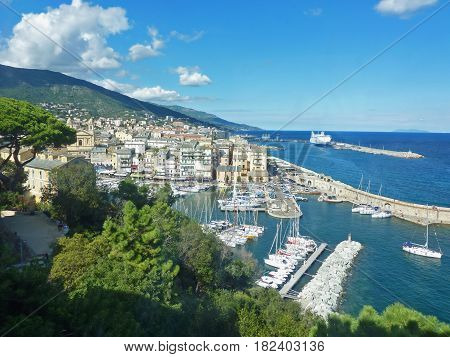 Bastia Corsica view down to the old port modern port with ferry in the background