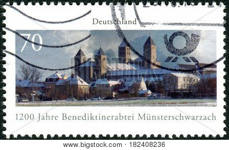 GERMANY - CIRCA 2016: A stamp printed in Germany dedicated to the 1200 years Muensterschwarzach Benedictine abbey circa 2016