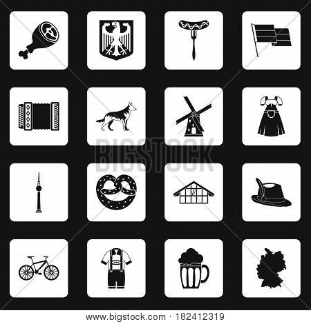 Germany icons set in white squares on black background simple style vector illustration