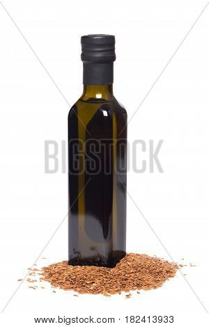 Flax oil and flax seeds isolated on white background