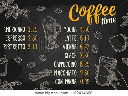 Restaurant or cafe menu coffee drink with price. Hand holding a cup, beans, stick cinnamon, branch with leaf and berry. Vintage color vector engraving illustration on dark background.