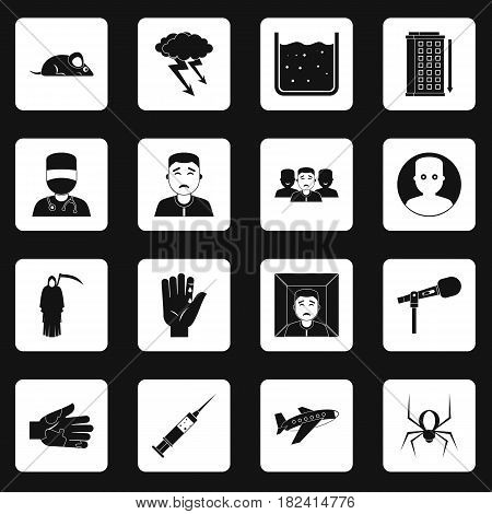 Phobia symbols icons set in white squares on black background simple style vector illustration