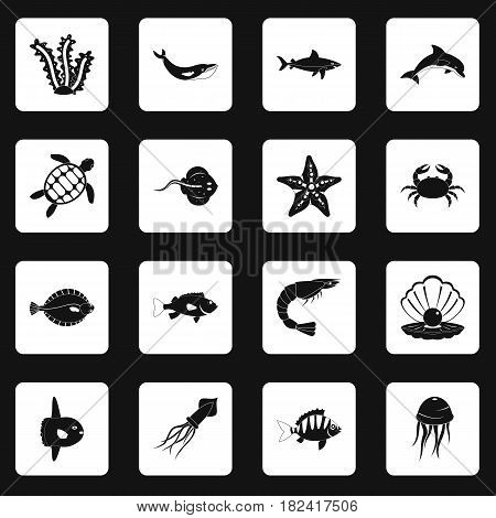 Sea animals icons set in white squares on black background simple style vector illustration