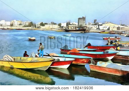 Colorful painting of traditional persian gulf ships, Bushehr, Iran