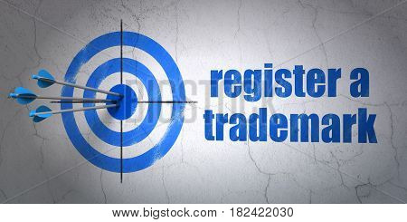 Success law concept: arrows hitting the center of target, Blue Register A Trademark on wall background, 3D rendering