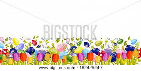 Stock vector isolated illustration Happy Easter background colored eggs, spring decoration, leave, tulip flower design element in flat style for printed material, greeting, festive card banner, flyer